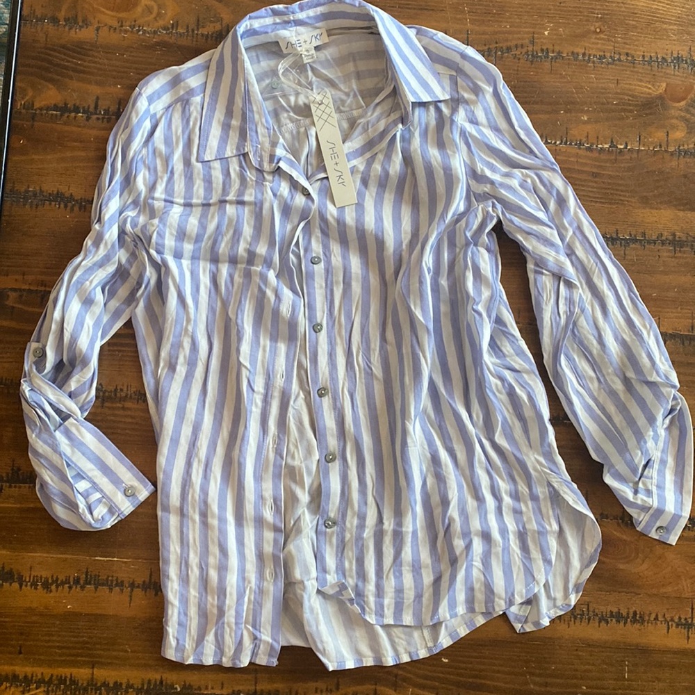 She and Sky blue and white stripped blouse button up size Small NWT